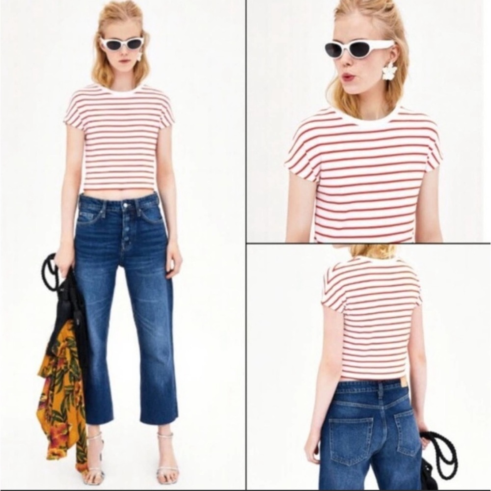 Zara red and off white striped crop top Size Small